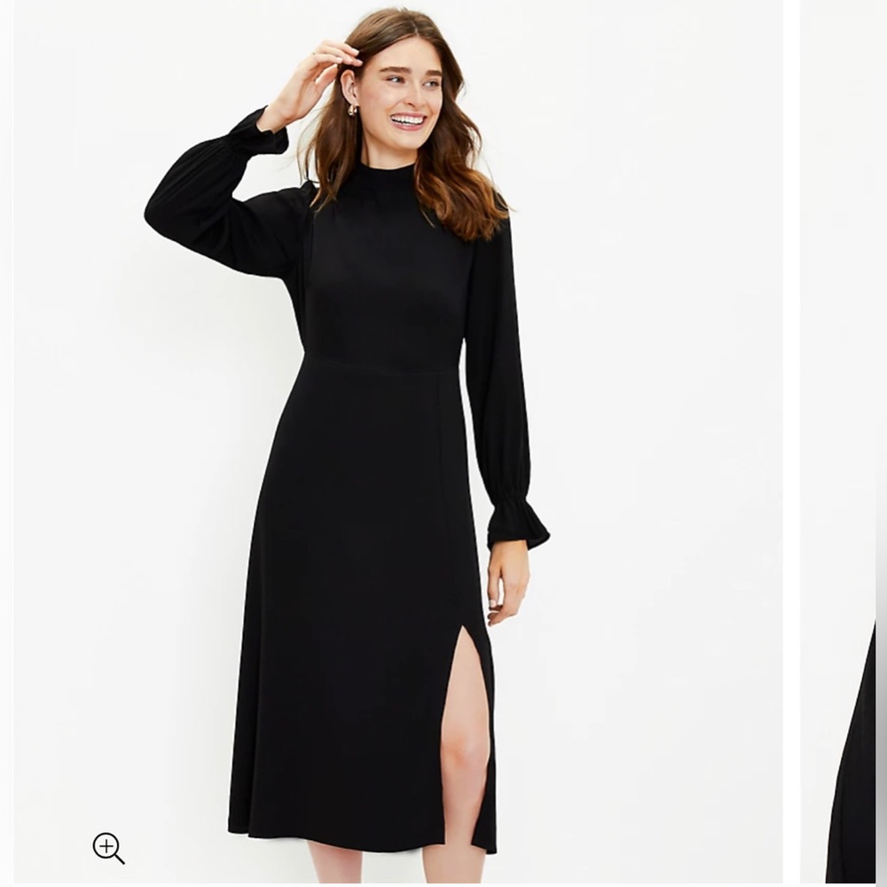 NWT LOFT Black Long Sleeve Mock Neck Midi Dress Front Slit Size 10